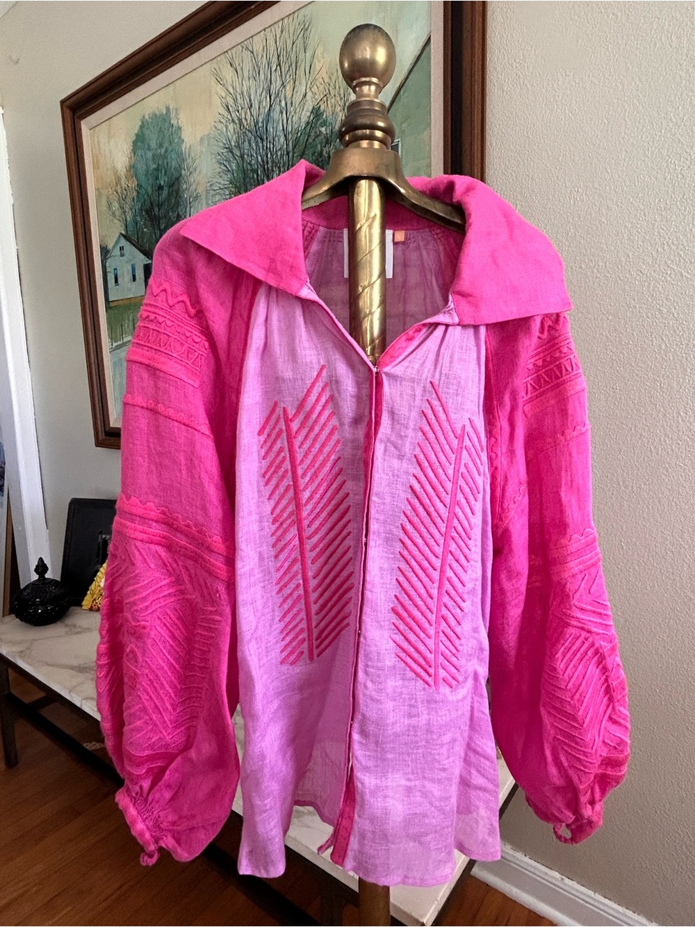 Bright Pink Embroidered Balloon-Sleeve Blouse